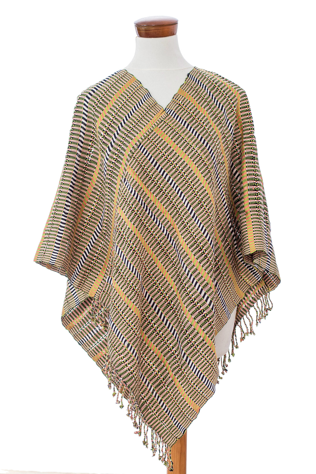 Guatemalan Artisan-Made Handwoven Cotton Poncho with Fringes - Path to Bliss