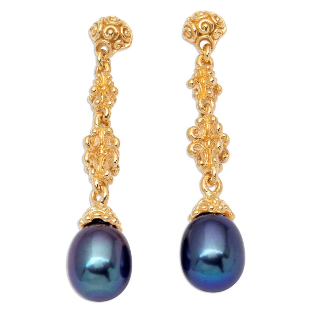 Balinese 18k Gold-Plated Blue Cultured Pearl Dangle Earrings - Nocturnal Serenade