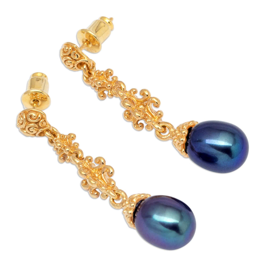 Balinese 18k Gold-Plated Blue Cultured Pearl Dangle Earrings - Nocturnal Serenade