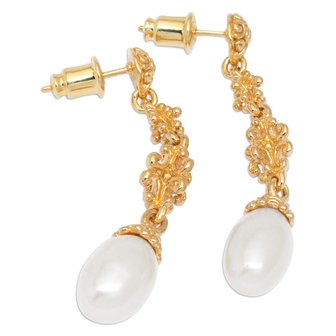 Classic 18k Gold-Plated White Cultured Pearl Dangle Earrings - Celestial Serenade