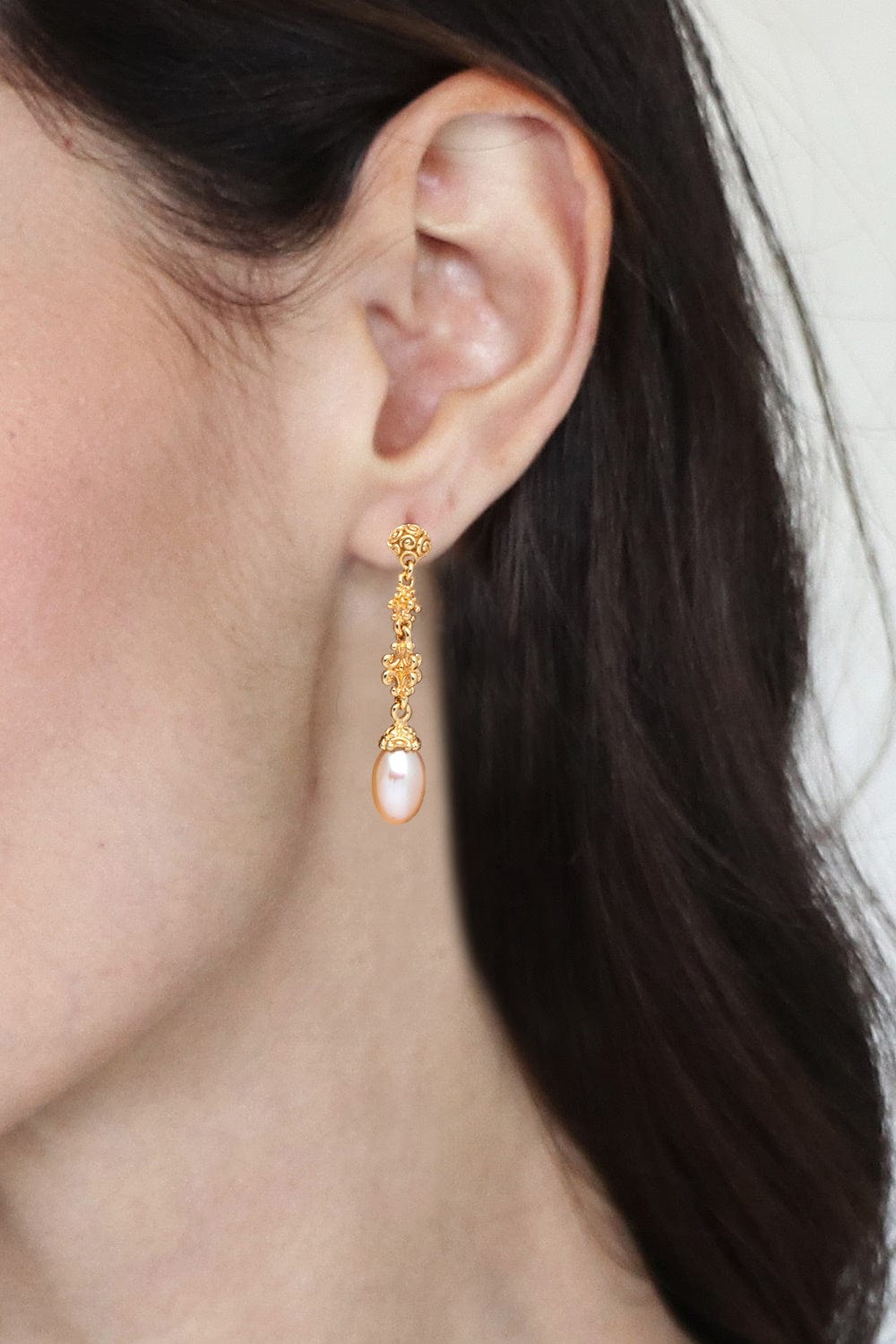 18k Gold-Plated Dangle Earrings with Peach Cultured Pearls - Sunlit Serenade