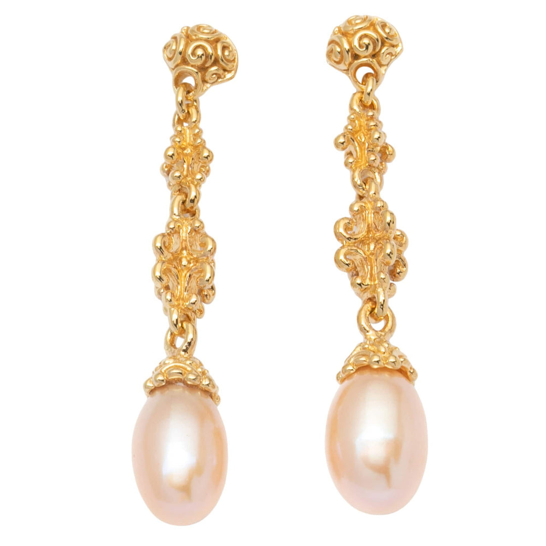 18k Gold-Plated Dangle Earrings with Peach Cultured Pearls - Sunlit Serenade