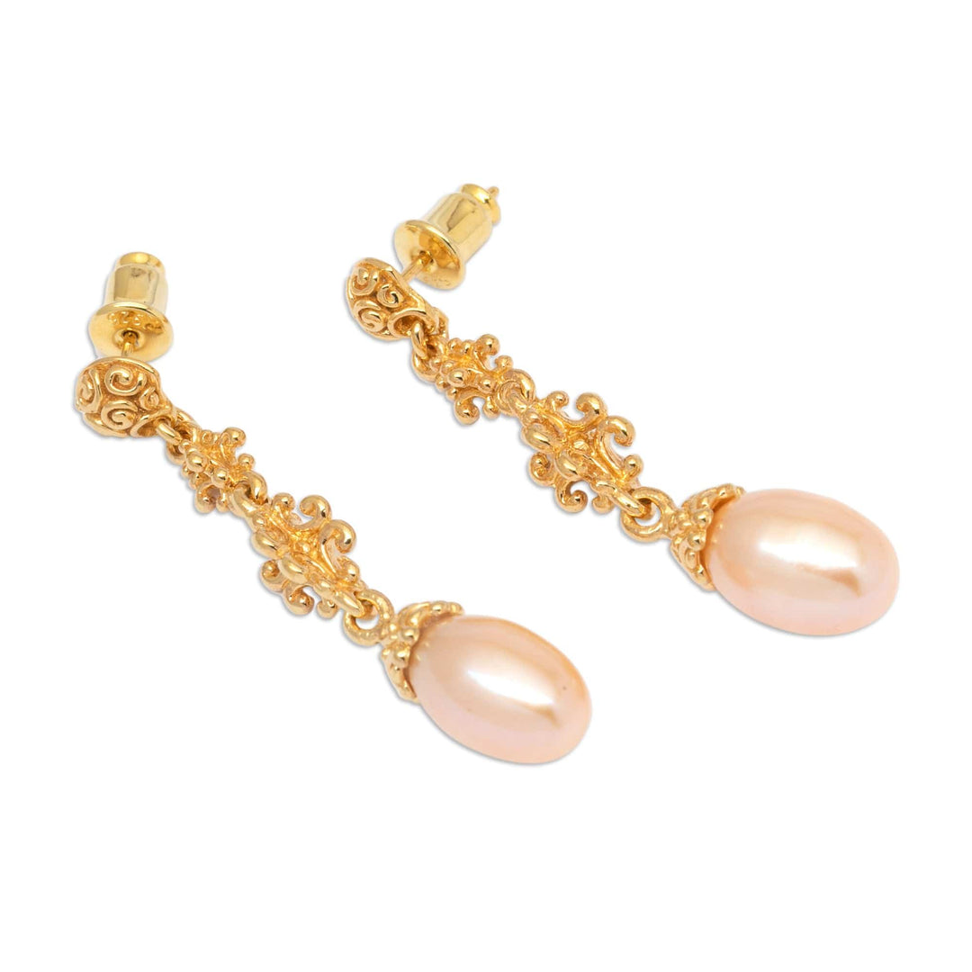 18k Gold-Plated Dangle Earrings with Peach Cultured Pearls - Sunlit Serenade