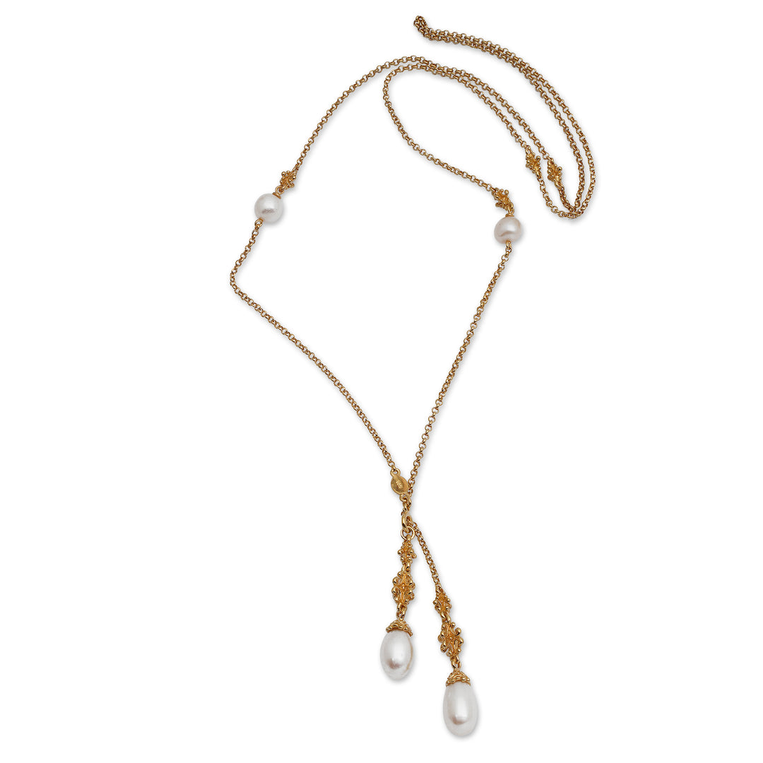 Natural White Pearl Lariat Necklace in 18k Gold Plating - Ocean Morn