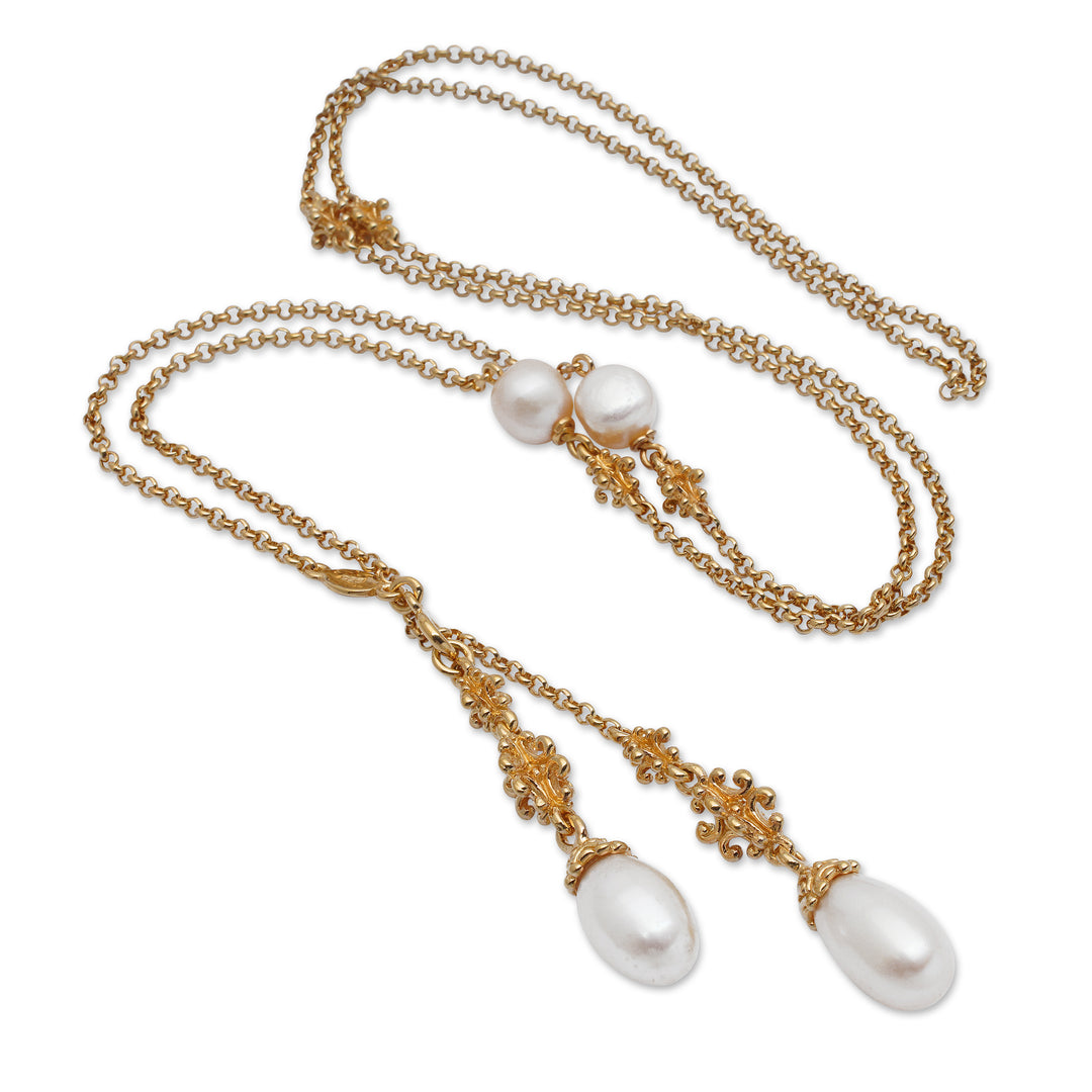 Natural White Pearl Lariat Necklace in 18k Gold Plating - Ocean Morn