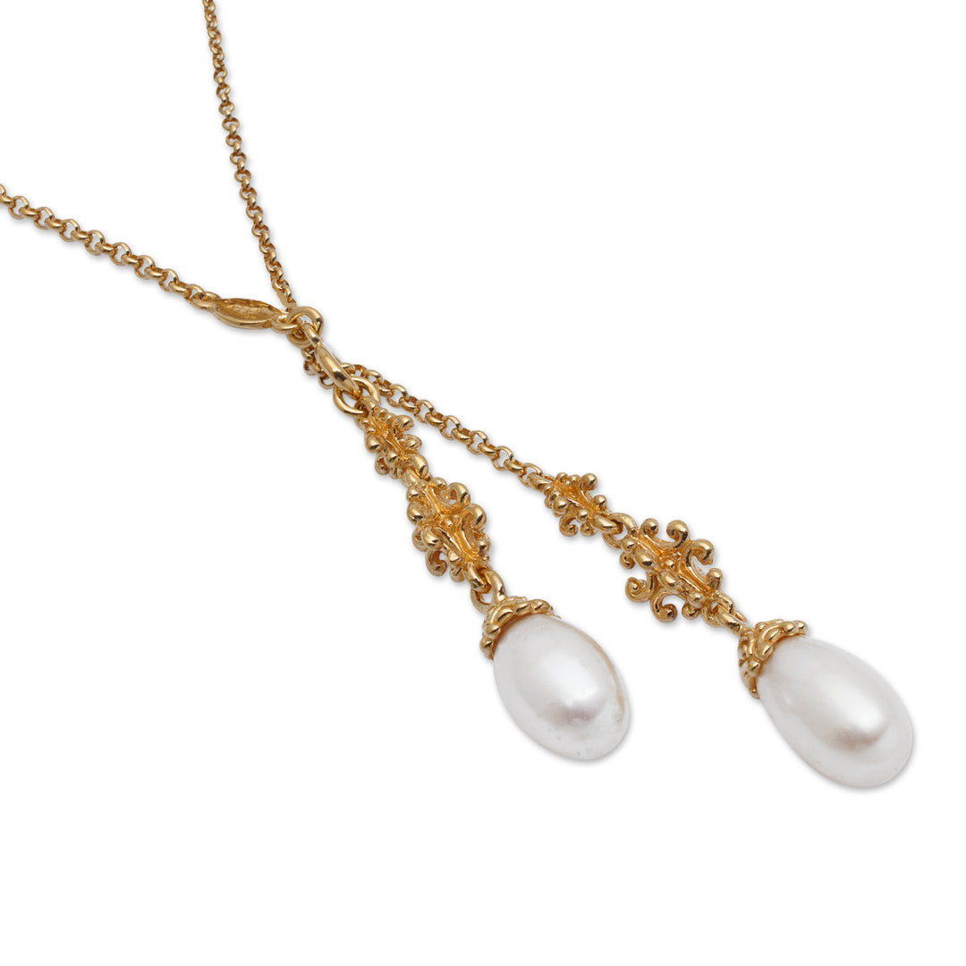 Natural White Pearl Lariat Necklace in 18k Gold Plating - Ocean Morn