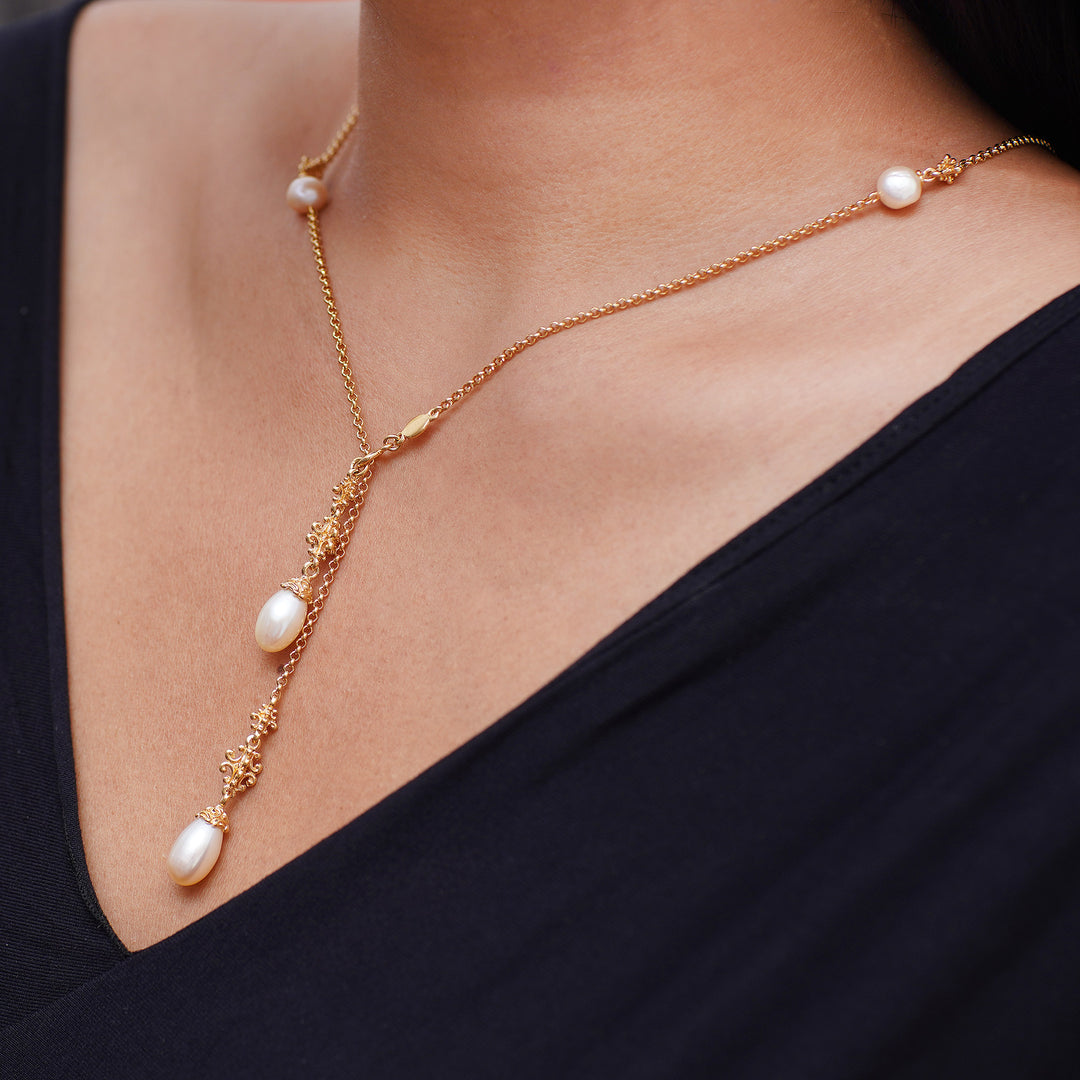 Natural White Pearl Lariat Necklace in 18k Gold Plating - Ocean Morn