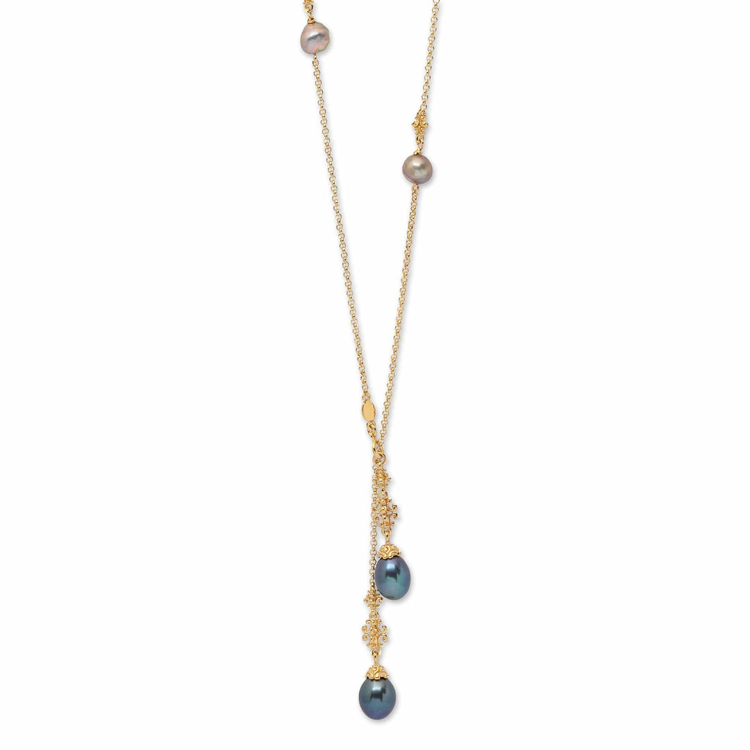 Blue and Lavender Pearl Lariat Necklace in 18k Gold Plating - Ocean Night