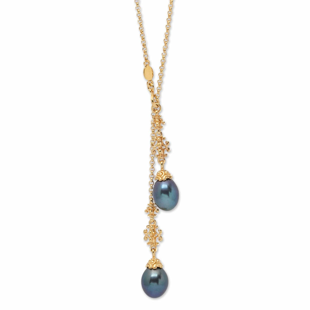 Blue and Lavender Pearl Lariat Necklace in 18k Gold Plating - Ocean Night