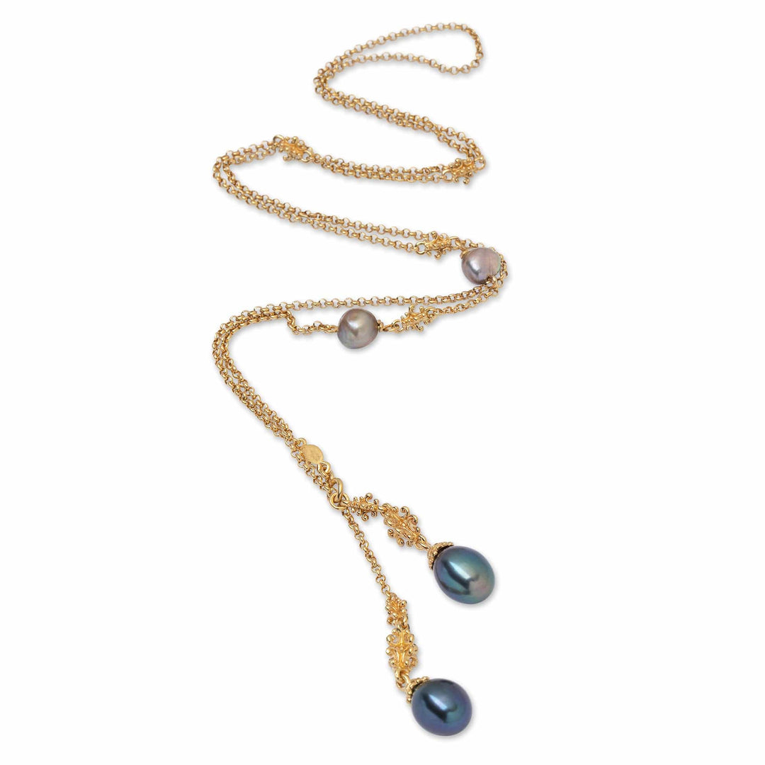 Blue and Lavender Pearl Lariat Necklace in 18k Gold Plating - Ocean Night