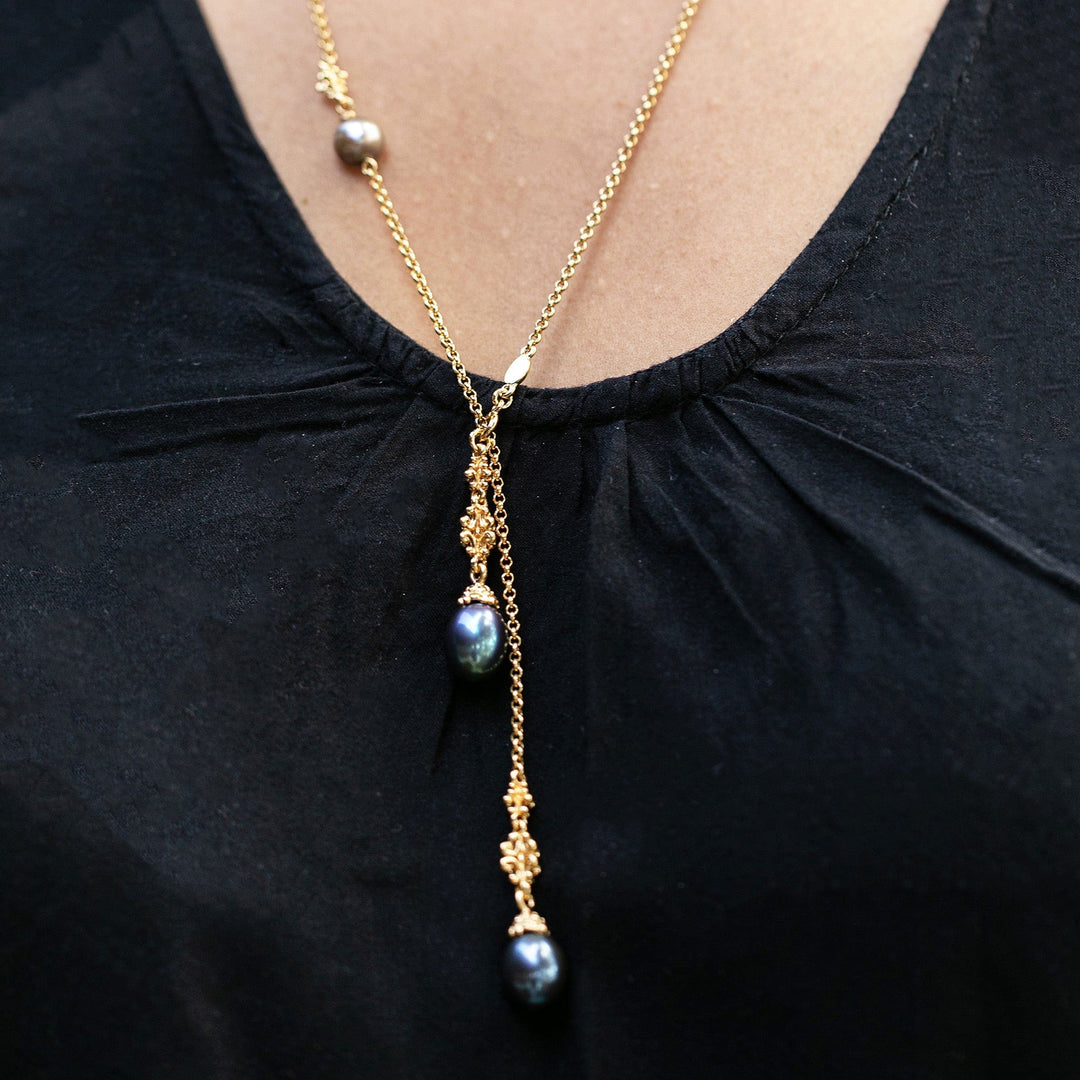 Blue and Lavender Pearl Lariat Necklace in 18k Gold Plating - Ocean Night