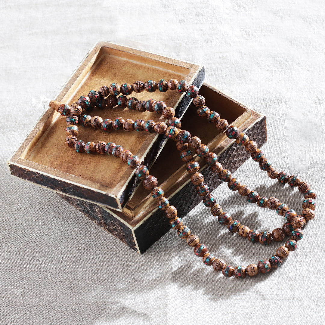 Handmade Bodhi Fig Wood and Resin Beaded Necklace from India - Memories of Siddhartha