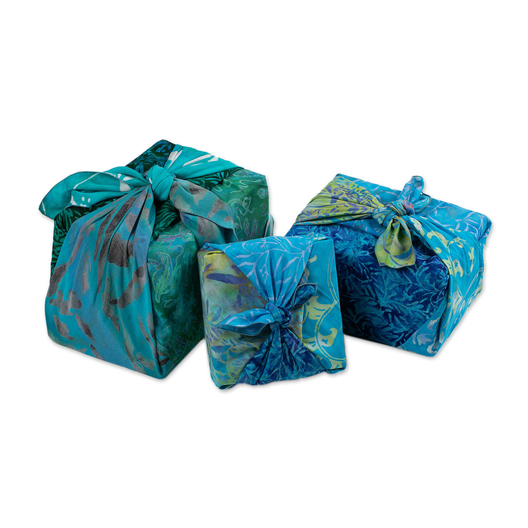 Set of 3 Blue and Green Batik Furoshiki-Style Gift Wraps - Oceanic Earth