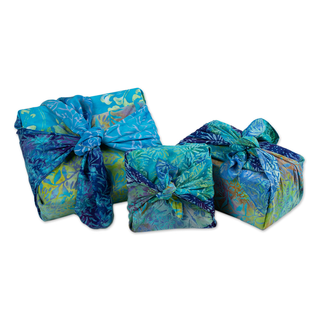 Set of 3 Blue and Green Batik Furoshiki-Style Gift Wraps - Oceanic Earth