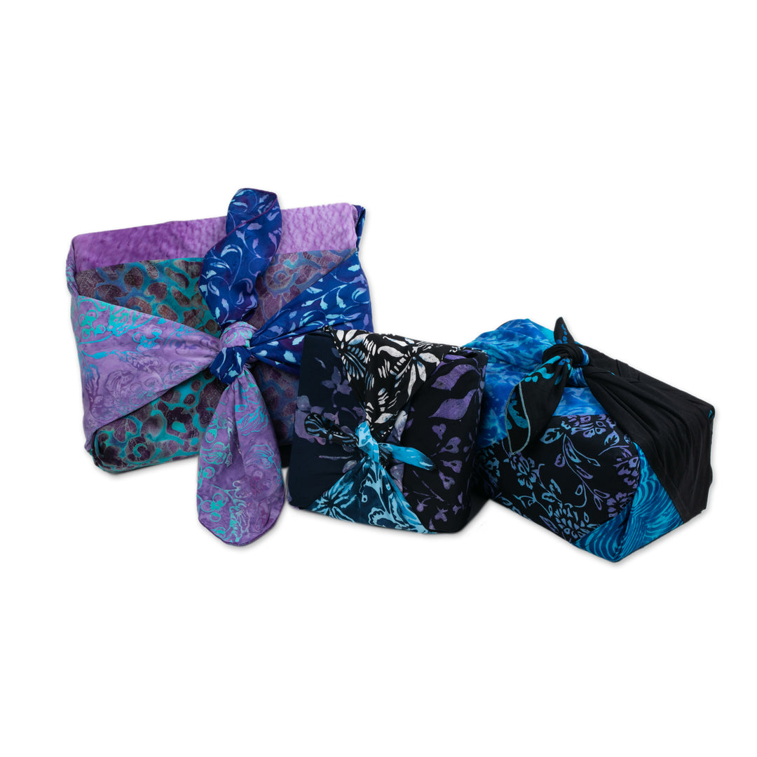 Balinese-Crafted Set of 3 Rayon Furoshiki-Style Gift Wraps - Holiday Night