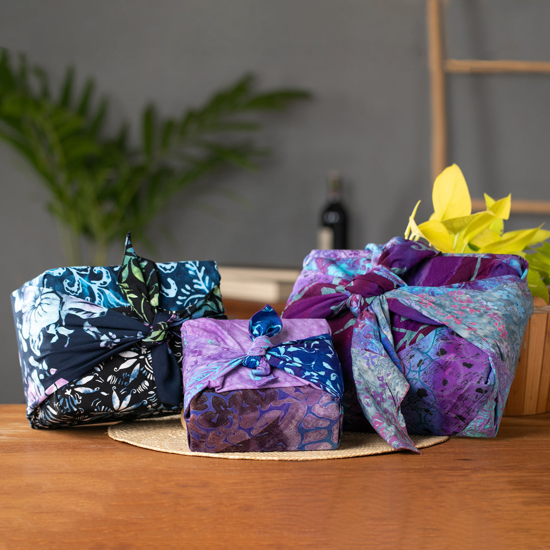 Balinese-Crafted Set of 3 Rayon Furoshiki-Style Gift Wraps - Holiday Night