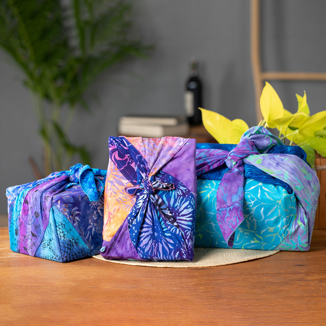 Balinese-Crafted Set of 3 Rayon Furoshiki-Style Gift Wraps - Holiday Night