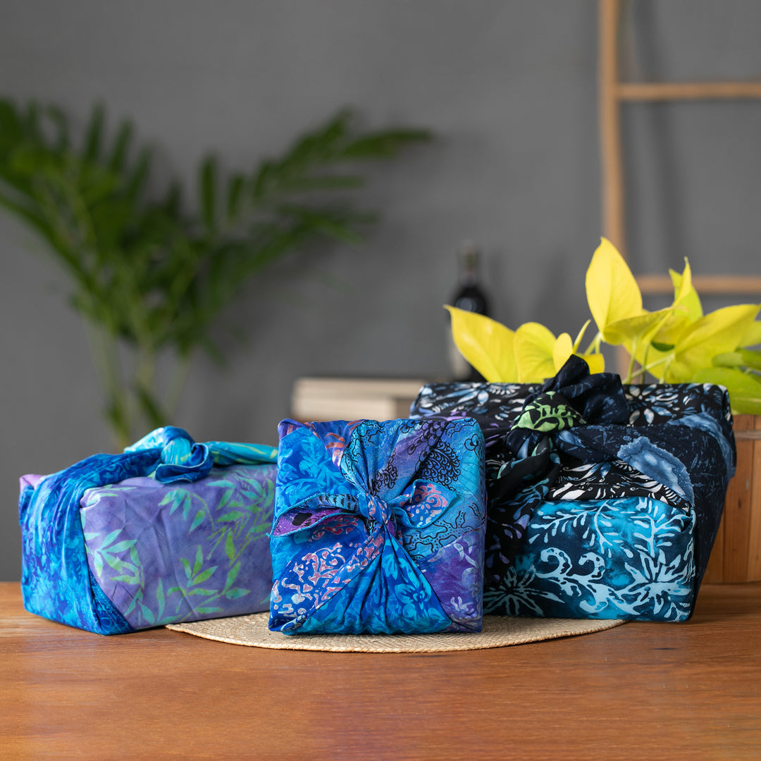 Balinese-Crafted Set of 3 Rayon Furoshiki-Style Gift Wraps - Holiday Night