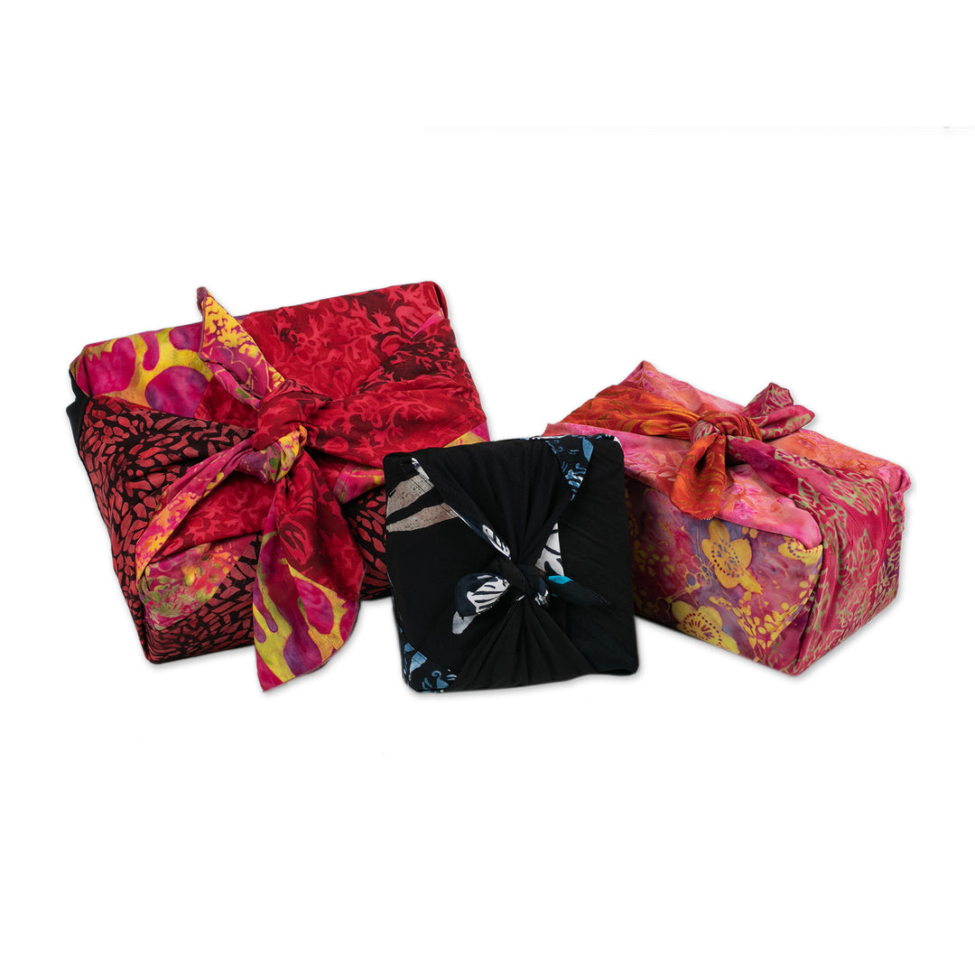 Batik-Patterned Set of 3 Rayon Furoshiki-Style Gift Wraps - Flames of Celebration