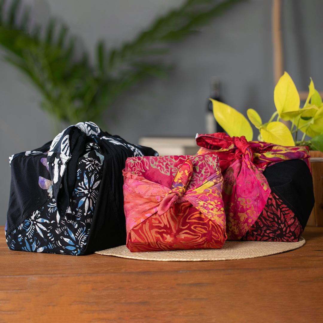 Batik-Patterned Set of 3 Rayon Furoshiki-Style Gift Wraps - Flames of Celebration