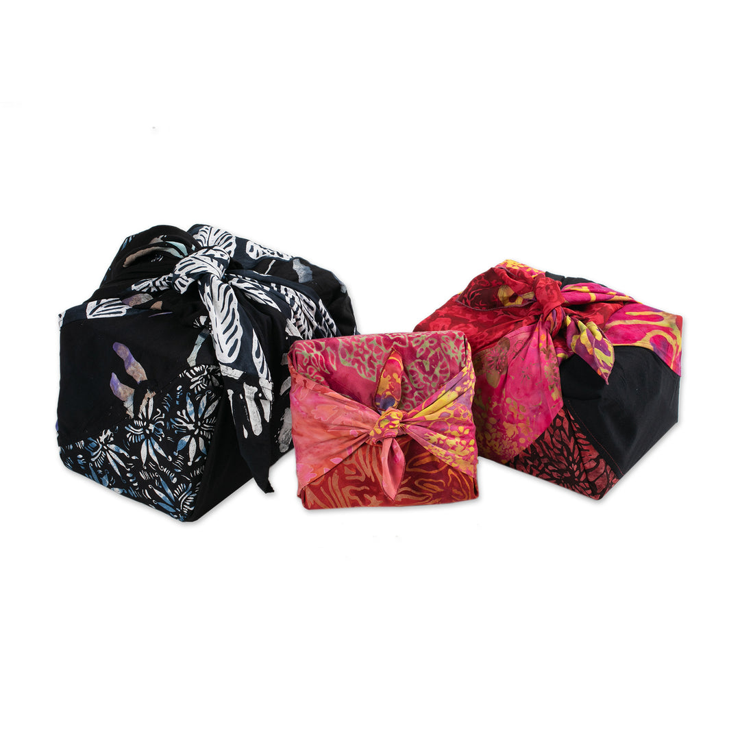 Batik-Patterned Set of 3 Rayon Furoshiki-Style Gift Wraps - Flames of Celebration