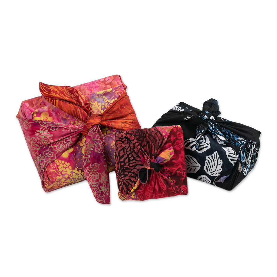 Batik-Patterned Set of 3 Rayon Furoshiki-Style Gift Wraps - Flames of Celebration