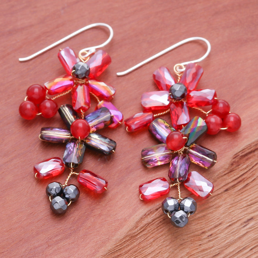 Thai-Made Floral Red Quartz and Glass Beaded Dangle Earrings - Fire Spring