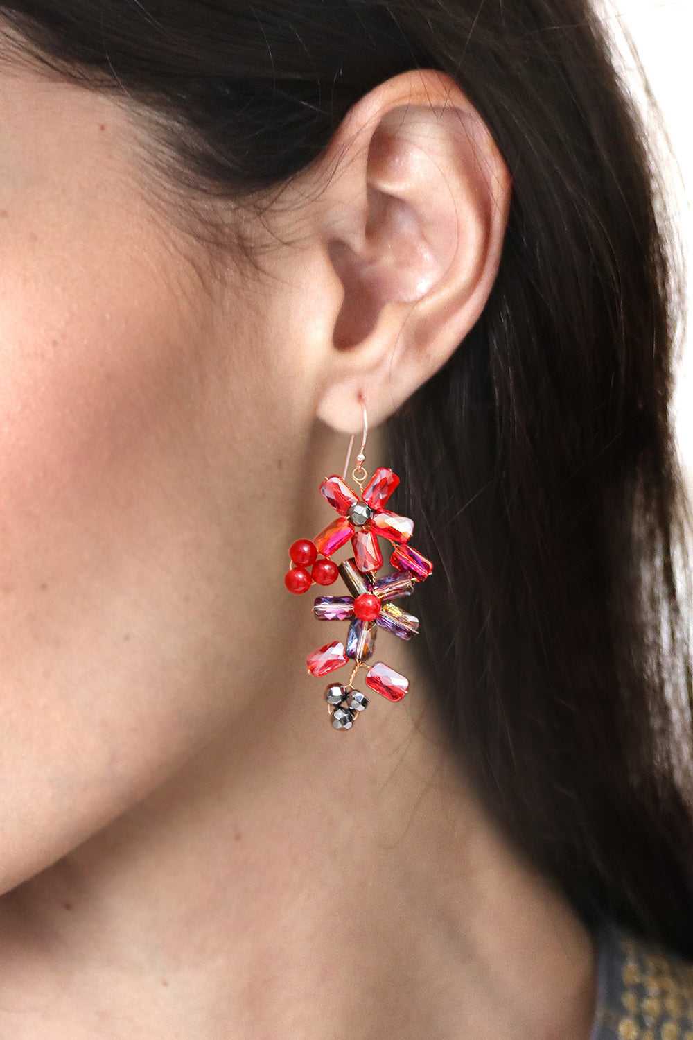 Thai-Made Floral Red Quartz and Glass Beaded Dangle Earrings - Fire Spring