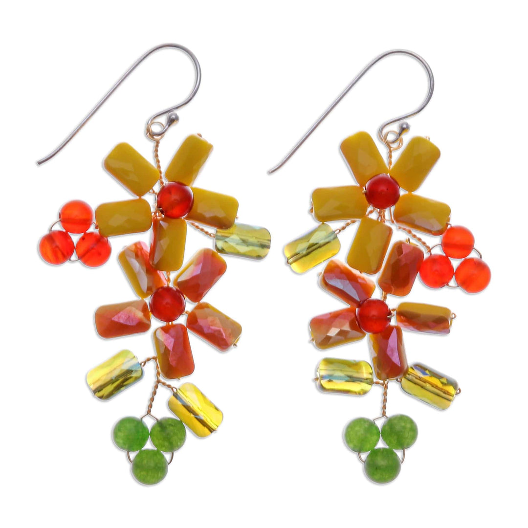 Floral Quartz and Glass Beaded Dangle Earrings from Thailand - Solar Spring