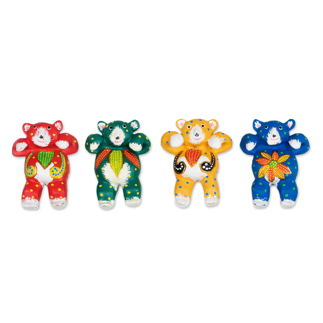 Set of 4 Hand-Painted Teddy Bear Albesia Wood Ornaments - Lovely Bears