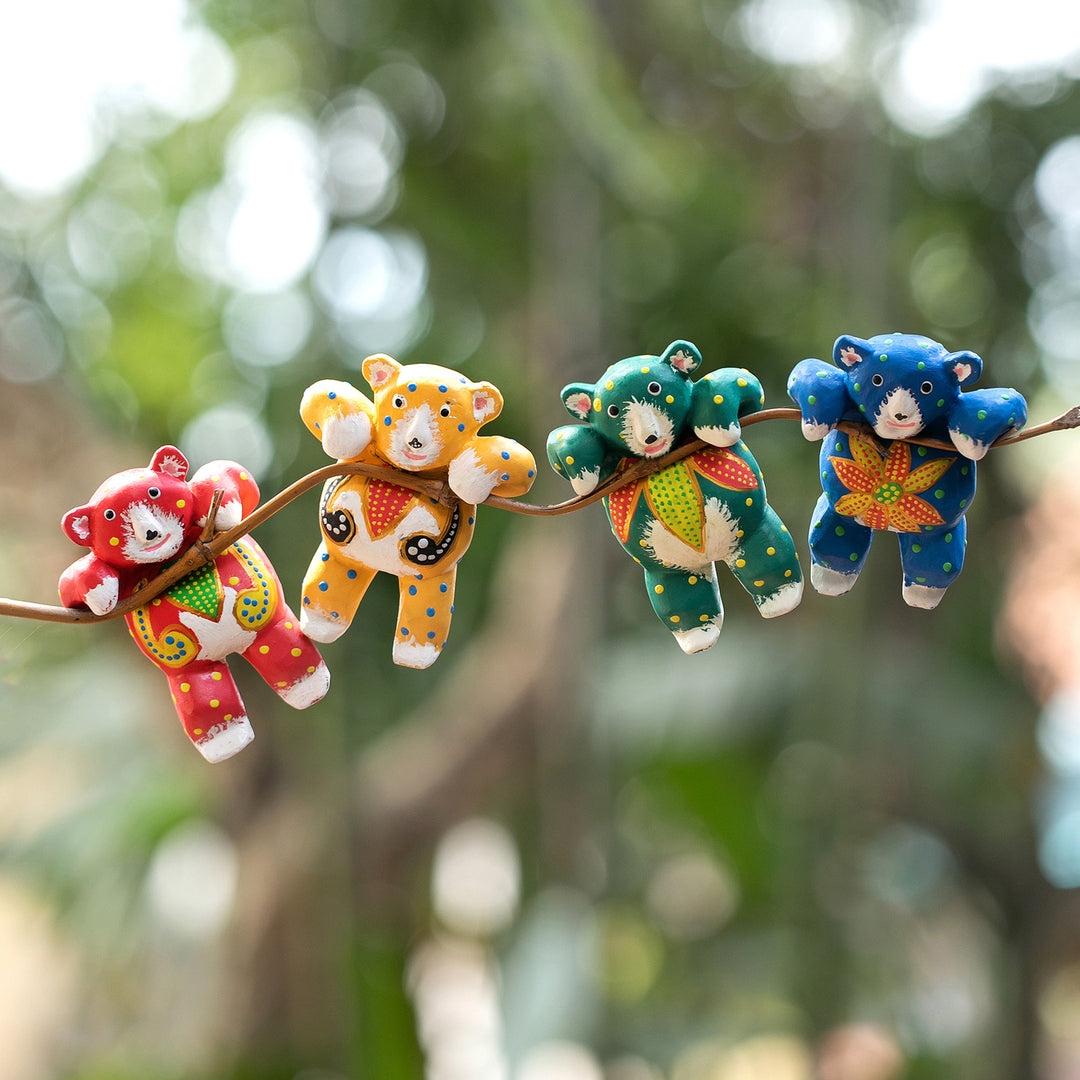 Set of 4 Hand-Painted Teddy Bear Albesia Wood Ornaments - Lovely Bears
