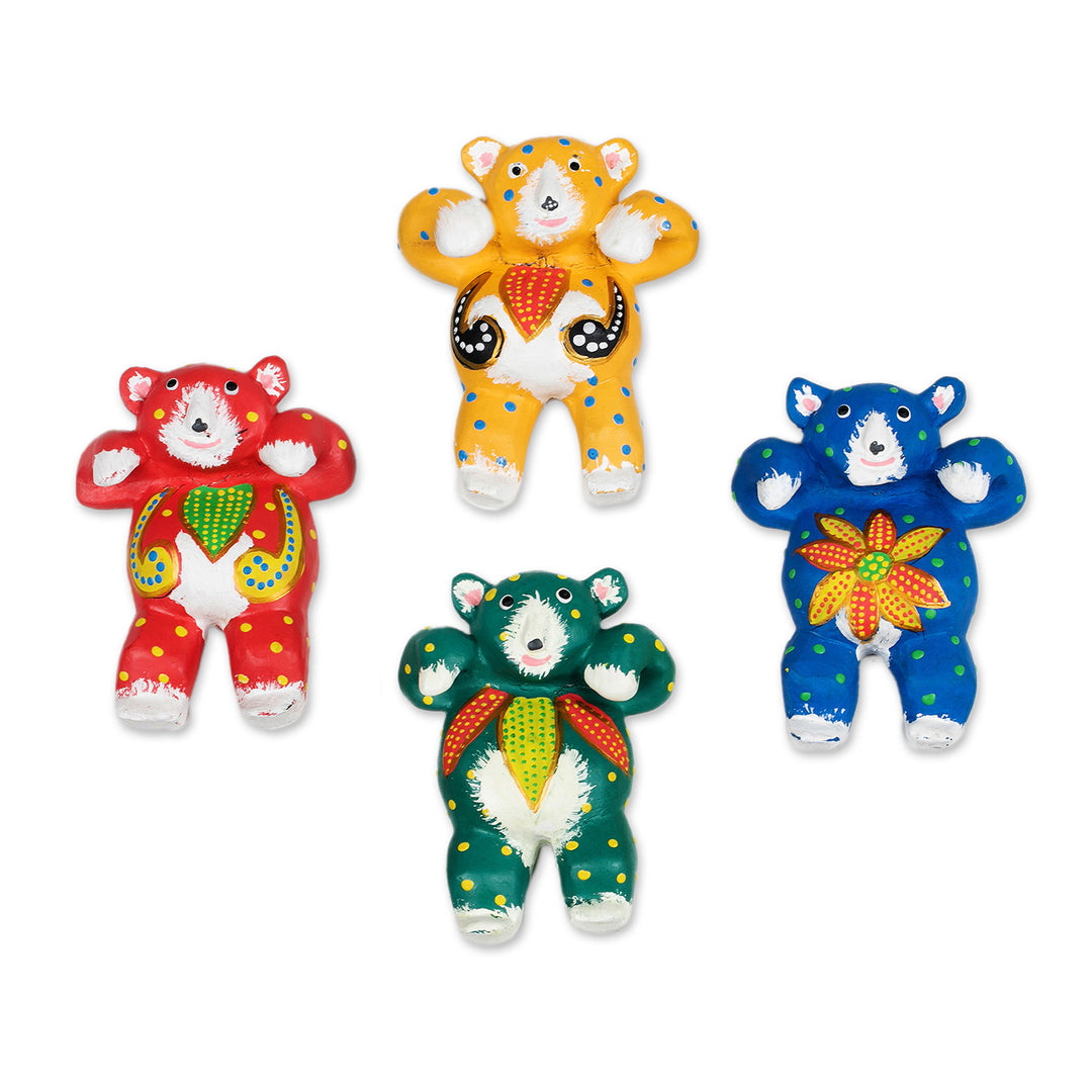 Set of 4 Hand-Painted Teddy Bear Albesia Wood Ornaments - Lovely Bears