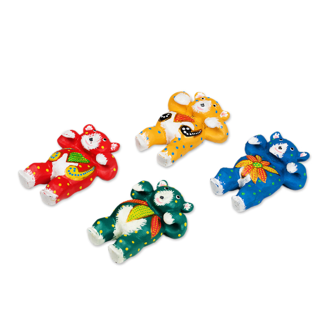 Set of 4 Hand-Painted Teddy Bear Albesia Wood Ornaments - Lovely Bears