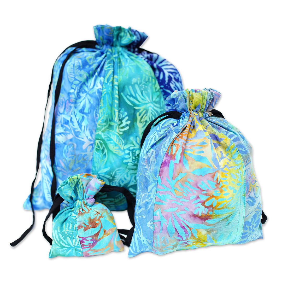 Eco-Friendly Set of 3 Blue and Green Patchwork Gift Pouches - Serene Tropic