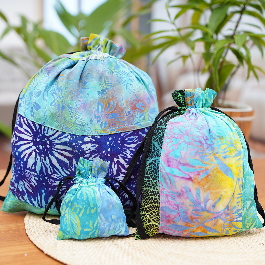 Eco-Friendly Set of 3 Blue and Green Patchwork Gift Pouches - Serene Tropic