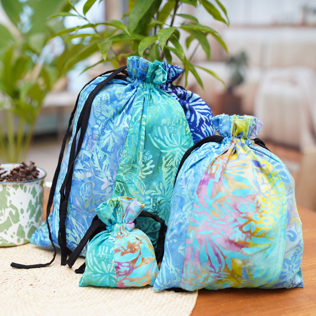 Eco-Friendly Set of 3 Blue and Green Patchwork Gift Pouches - Serene Tropic