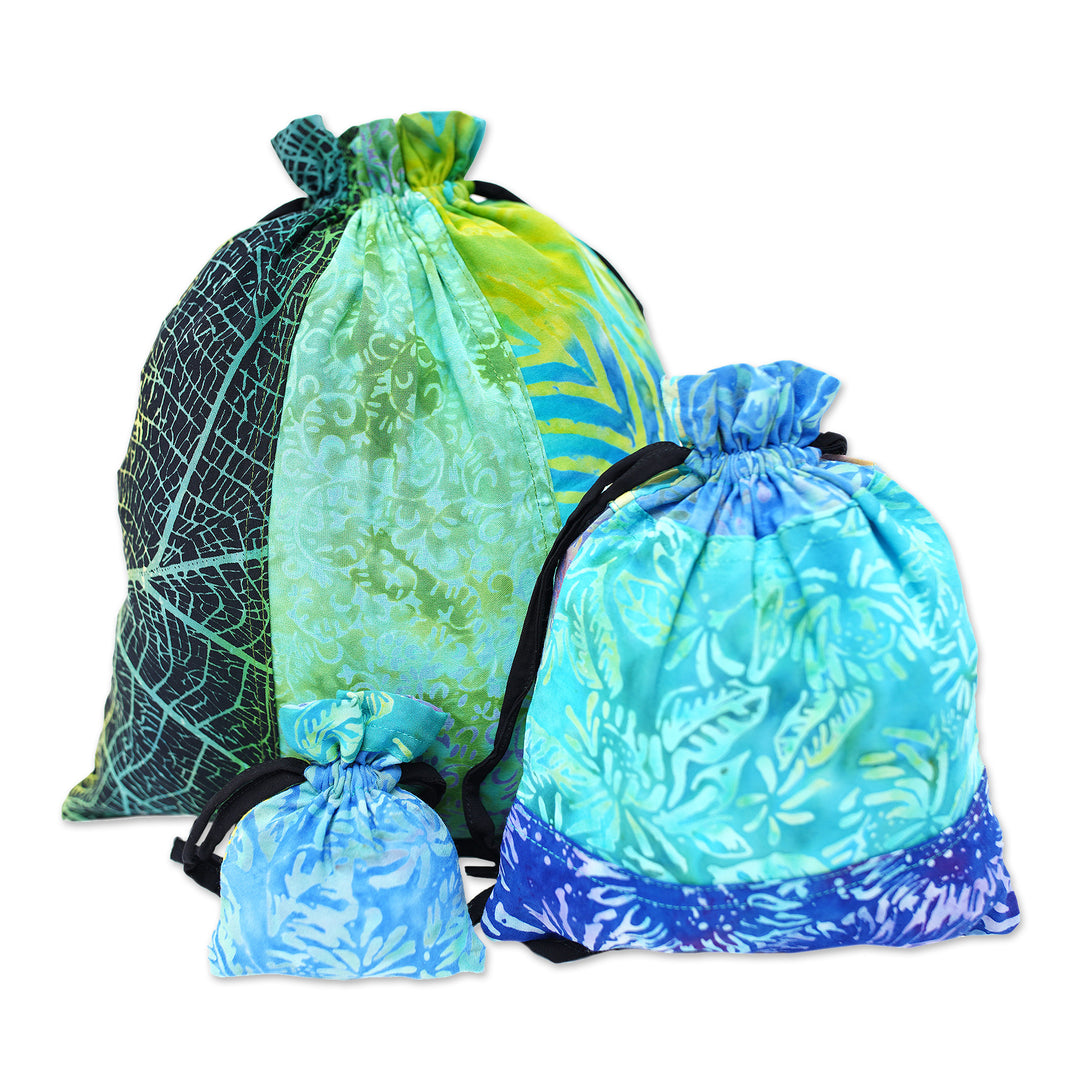 Eco-Friendly Set of 3 Blue and Green Patchwork Gift Pouches - Serene Tropic