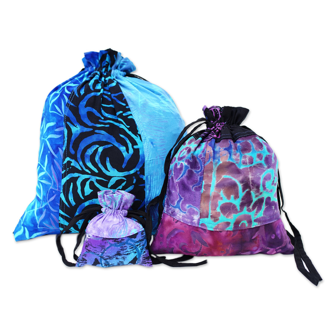 Balinese-Made Set of 3 Batik Patchwork Rayon Gift Pouches - Nocturnal Fest