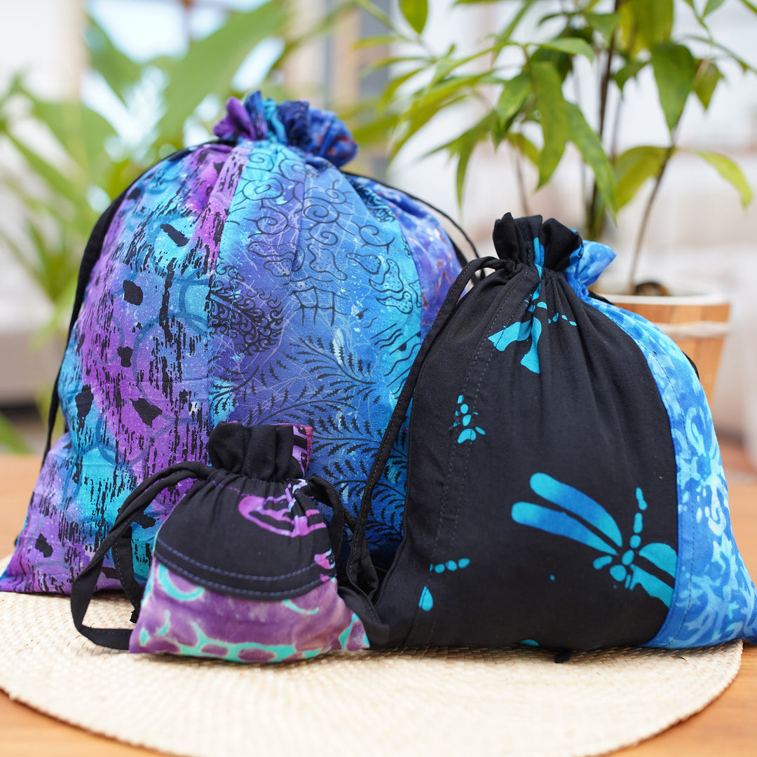 Balinese-Made Set of 3 Batik Patchwork Rayon Gift Pouches - Nocturnal Fest