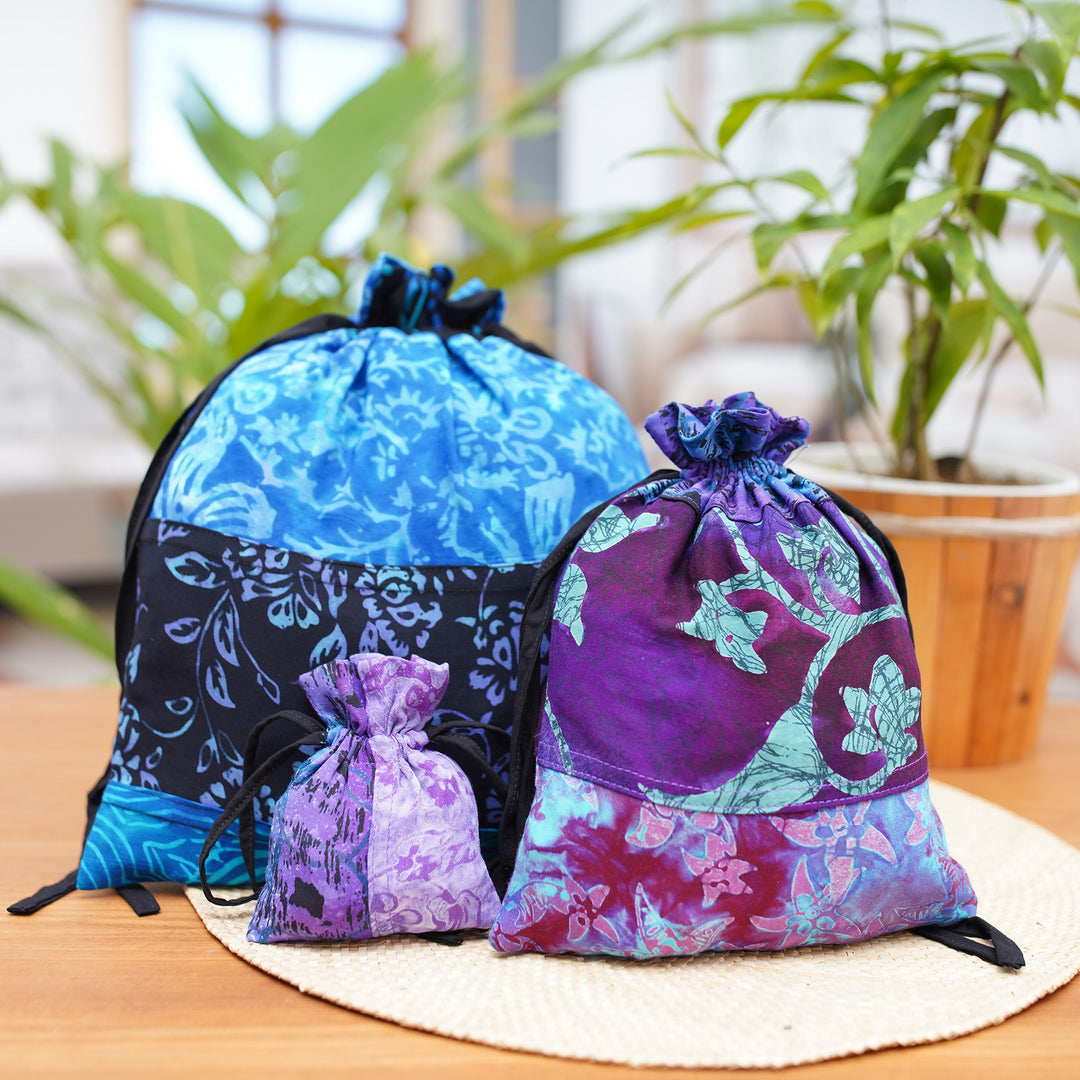 Balinese-Made Set of 3 Batik Patchwork Rayon Gift Pouches - Nocturnal Fest