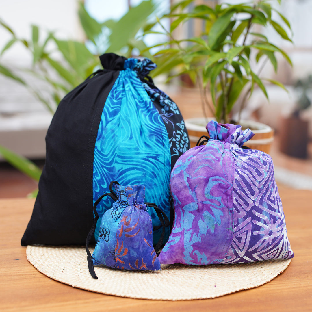 Balinese-Made Set of 3 Batik Patchwork Rayon Gift Pouches - Nocturnal Fest