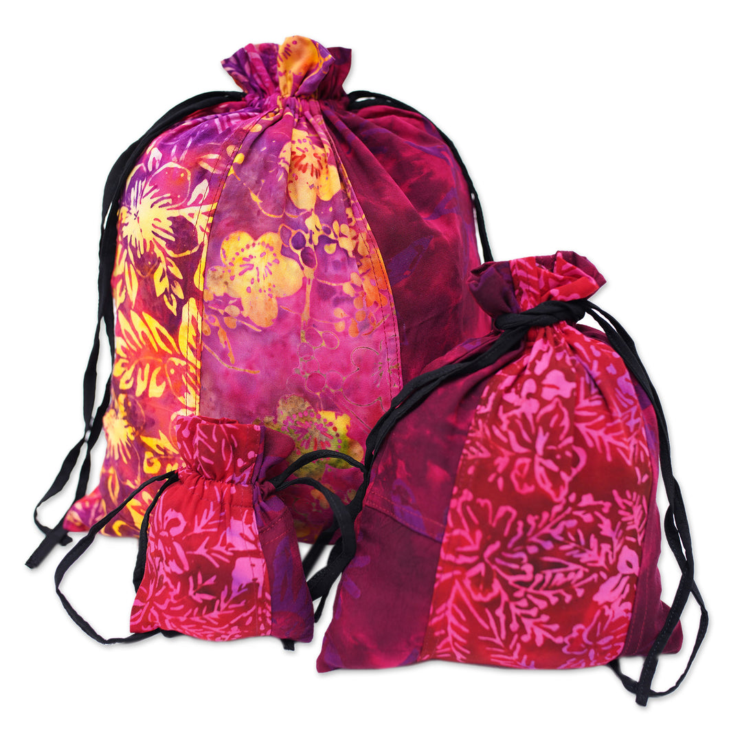 Upcycled Set of 3 Red and Pink Batik Patchwork Gift Pouches - Flaming Joy