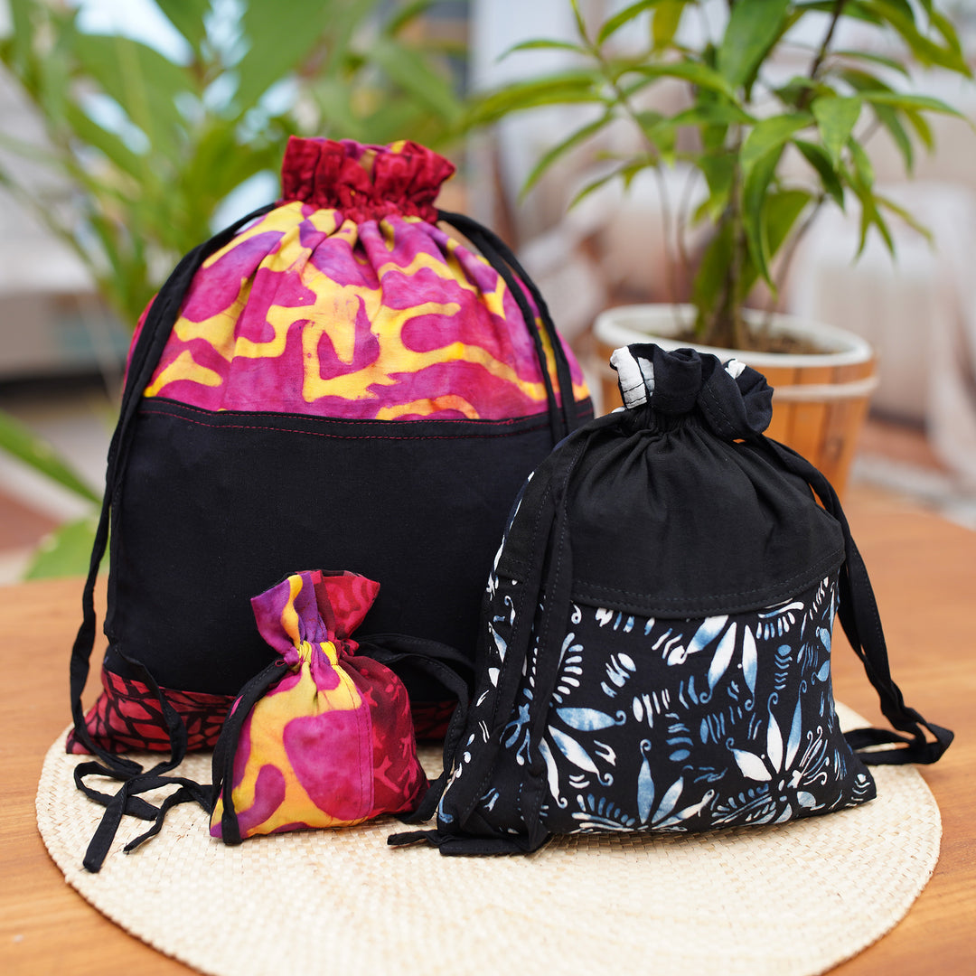 Upcycled Set of 3 Red and Pink Batik Patchwork Gift Pouches - Flaming Joy