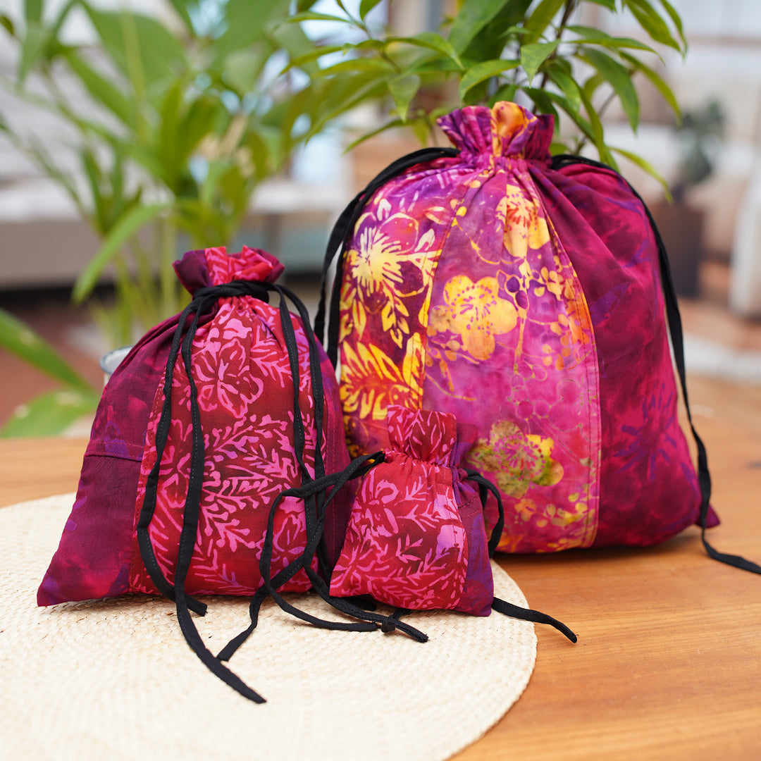 Upcycled Set of 3 Red and Pink Batik Patchwork Gift Pouches - Flaming Joy