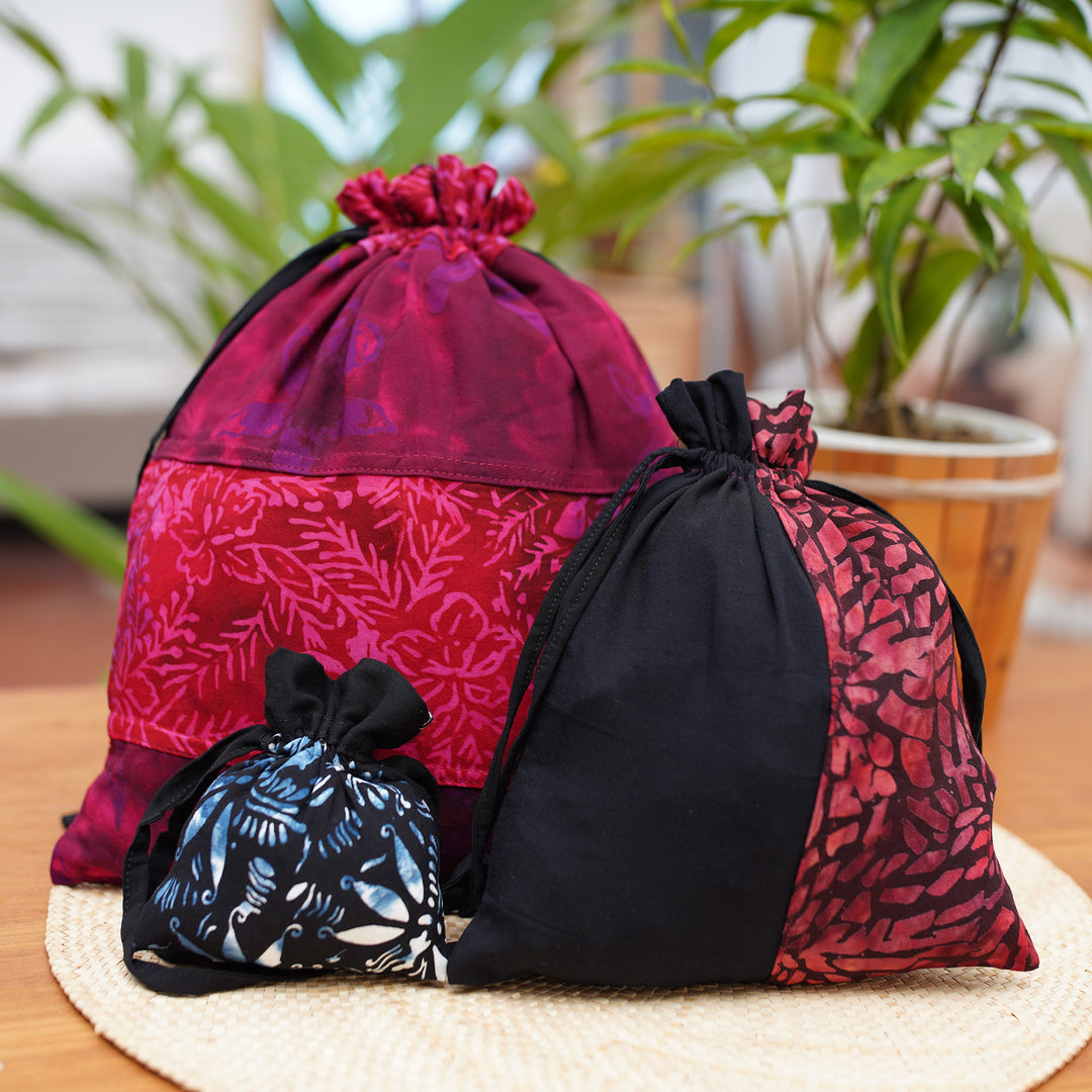 Upcycled Set of 3 Red and Pink Batik Patchwork Gift Pouches - Flaming Joy