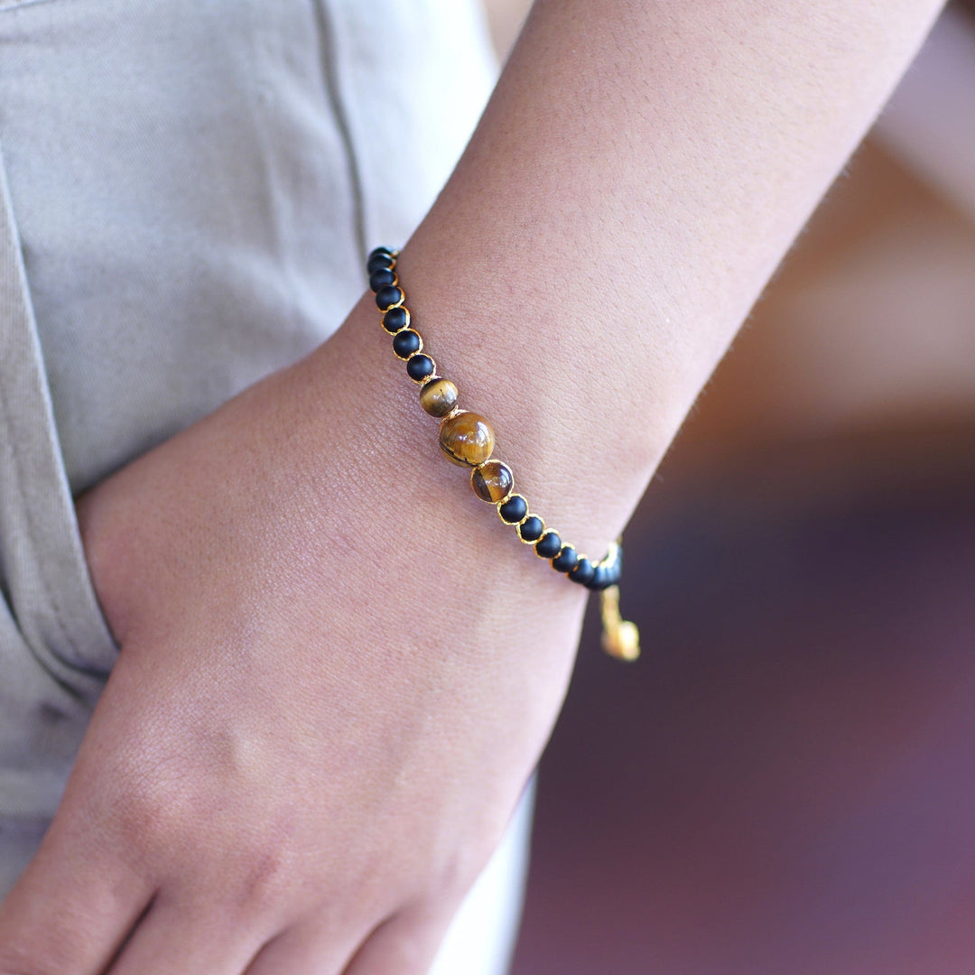 Gold-Accented Onyx and Tiger's Eye Beaded Bracelet from Bali - Chakra of Earth