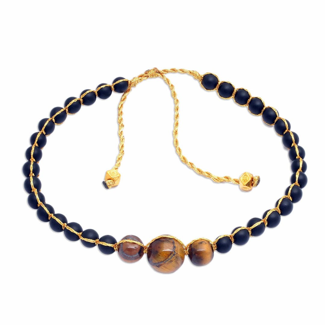 Gold-Accented Onyx and Tiger's Eye Beaded Bracelet from Bali - Chakra of Earth
