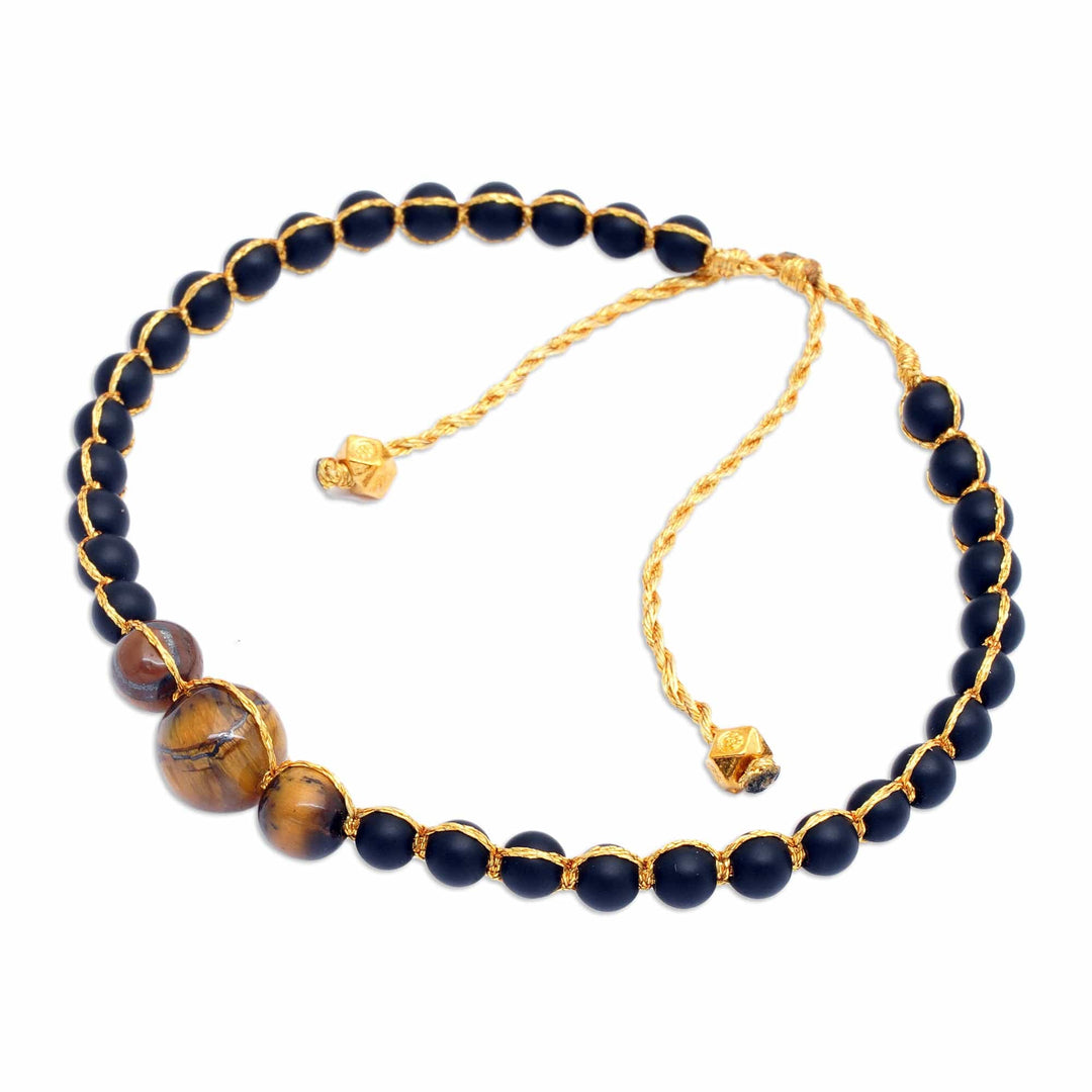 Gold-Accented Onyx and Tiger's Eye Beaded Bracelet from Bali - Chakra of Earth