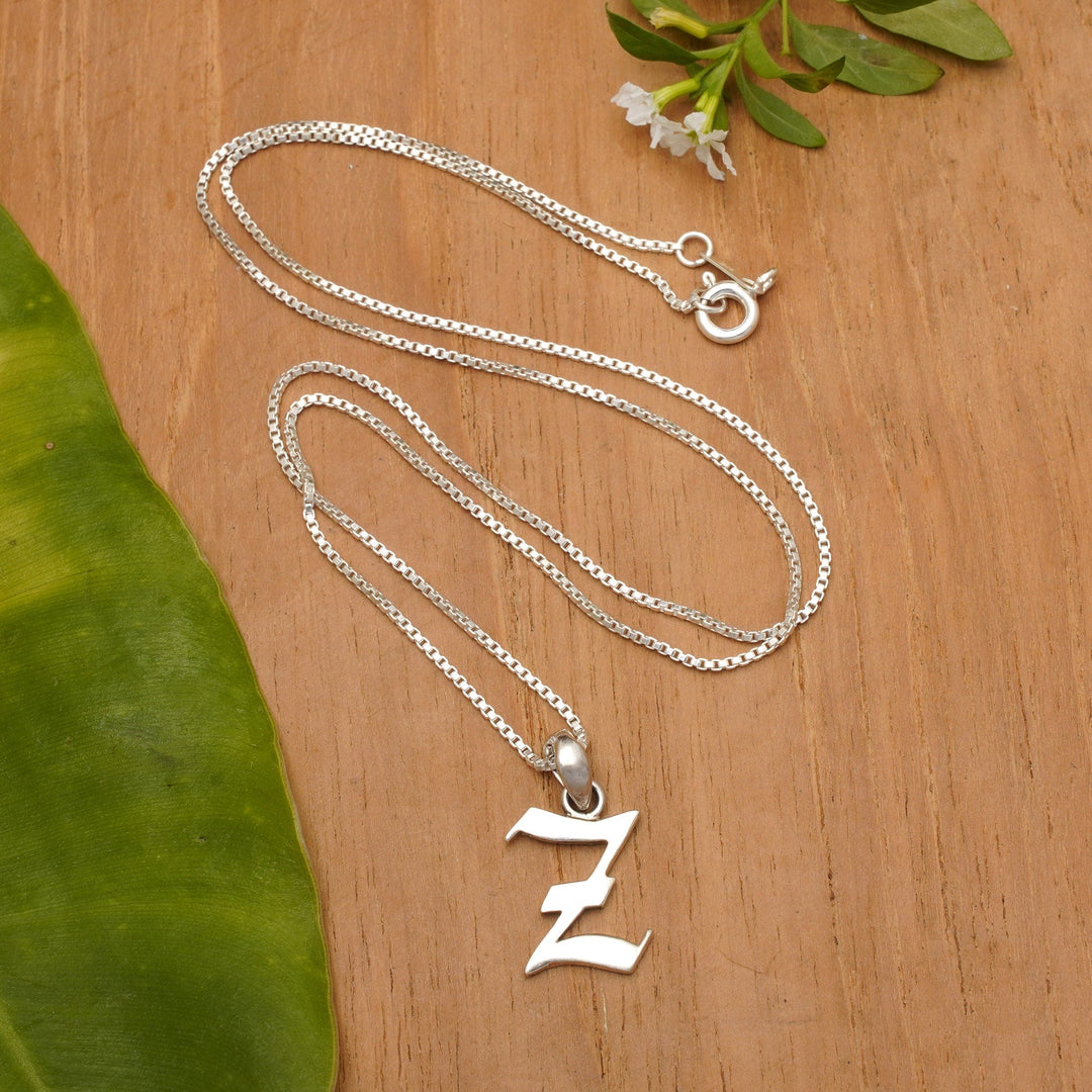 Classic Letter Z Sterling Silver Pendant Necklace from Bali - Letter Z