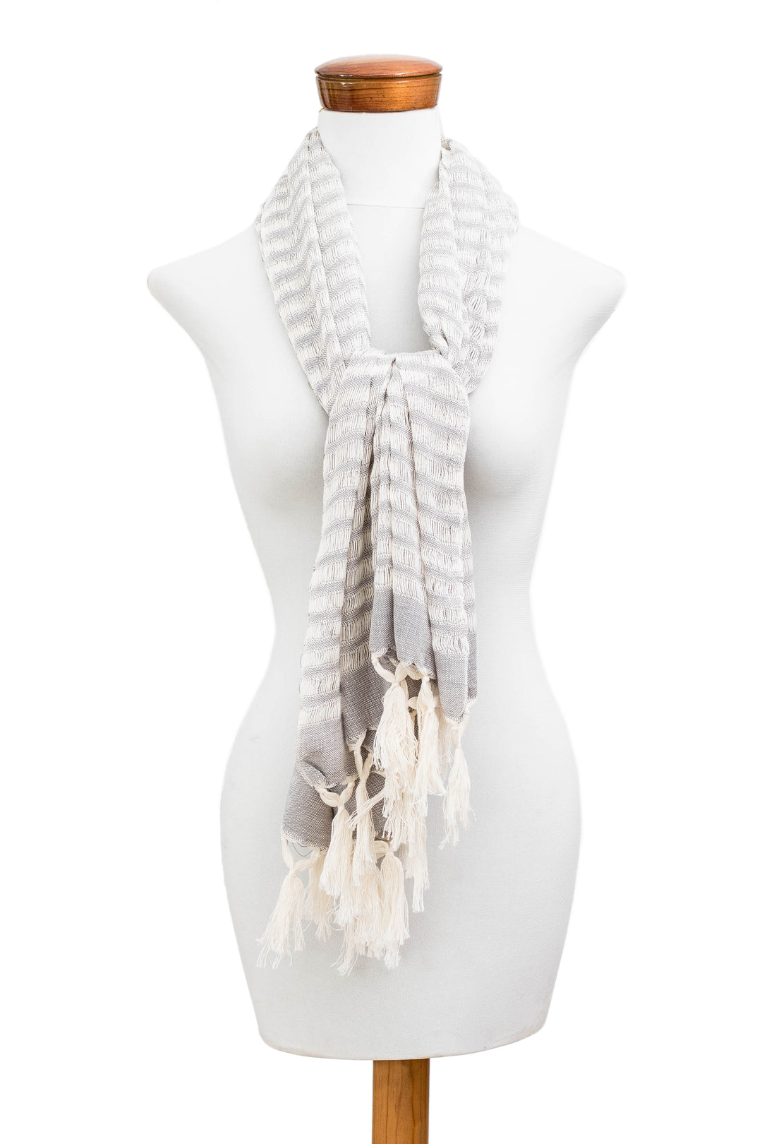 Handwoven Striped Fringed Cotton Scarf in Ivory and Grey - Weaving Elegance